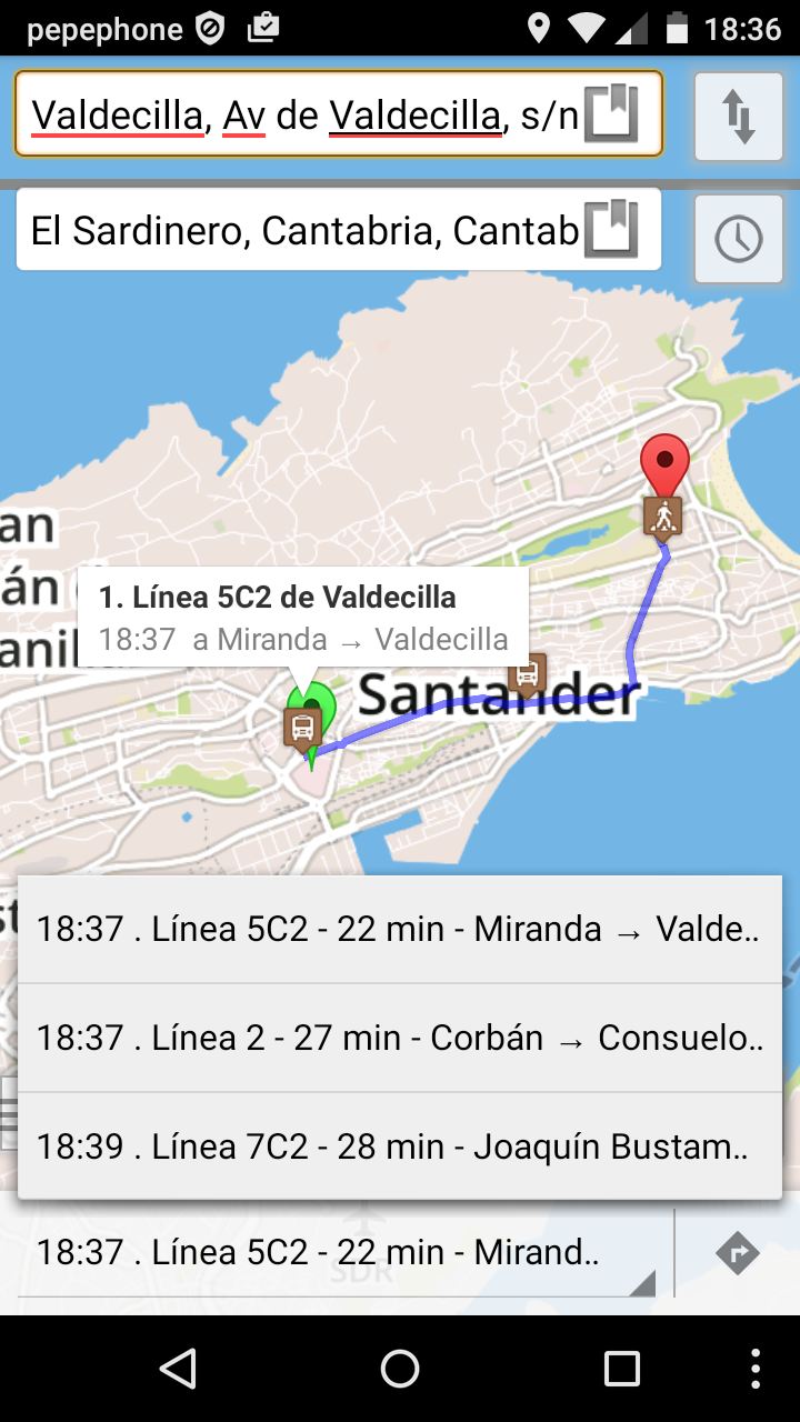 Cliente OpenTripPlanner para Android conectado al motor de enrutamiento de SantanderGo!